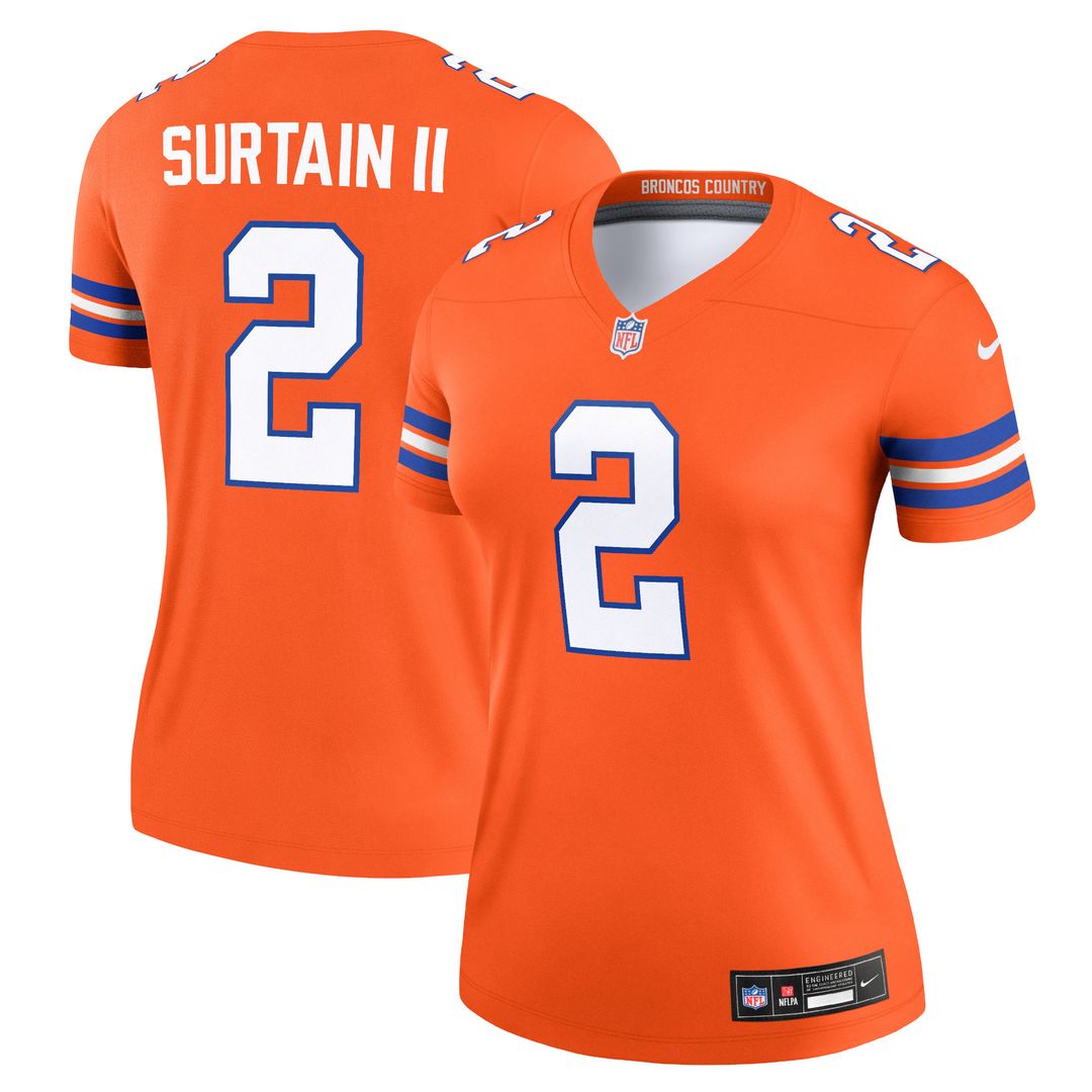 Patrick Surtain II Denver Broncos Nike Women's Alternate Legend Player Performance Top - Mile High Collection 1977 Throwback Orange