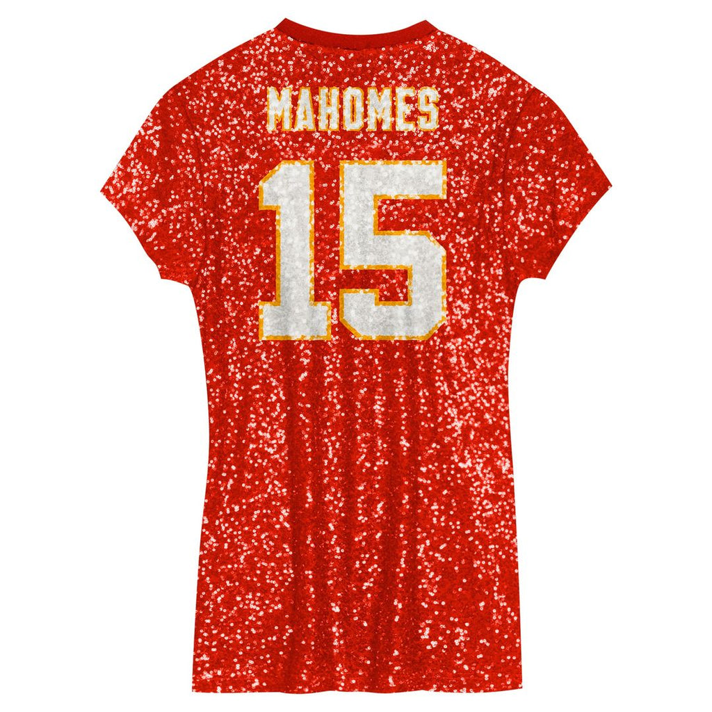 Patrick Mahomes Kansas City Chiefs Girls Youth Sequin Player Name & Number V-Neck Dress - Red