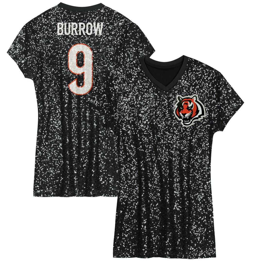 Joe Burrow Cincinnati Bengals Girls Youth Sequin Player Name & Number V-Neck Dress - Black