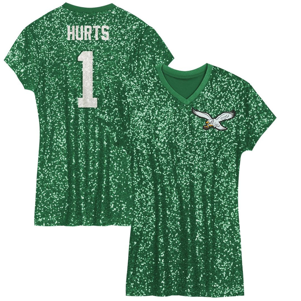 Jalen Hurts Philadelphia Eagles Girls Youth Sequin Player Name & Number V-Neck Dress - Kelly Green