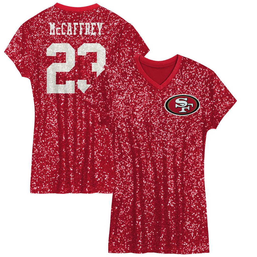 Christian McCaffrey San Francisco 49ers Girls Youth Sequin Player Name & Number V-Neck Dress - Scarlet