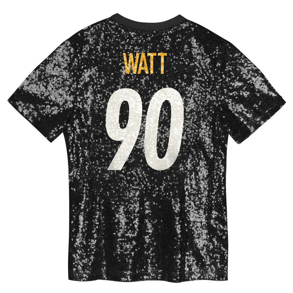 T.J. Watt Pittsburgh Steelers Girls Youth Sequin V-Neck Fashion Jersey - Black